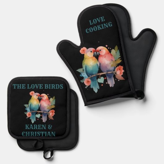 Love Cooking - De Tortelduifjes - Gepersonaliseerd Ovenwant & Pannenlap Set (Voorkant / Achterkant)