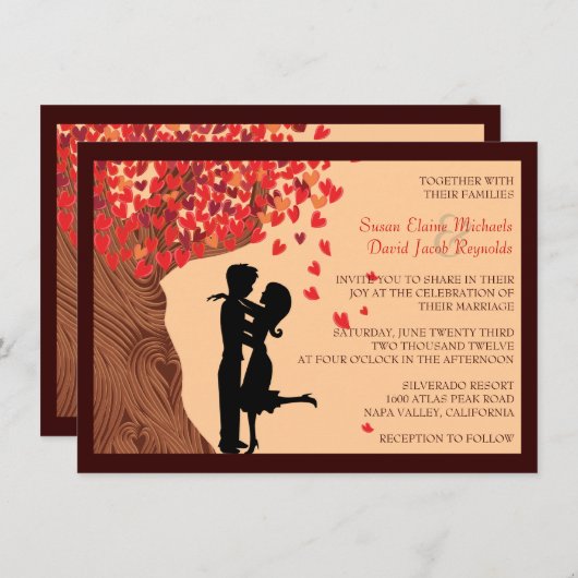 Love Couple Falling Hearts Oak Tree Wedite Invite Kaart (Voorkant / Achterkant)