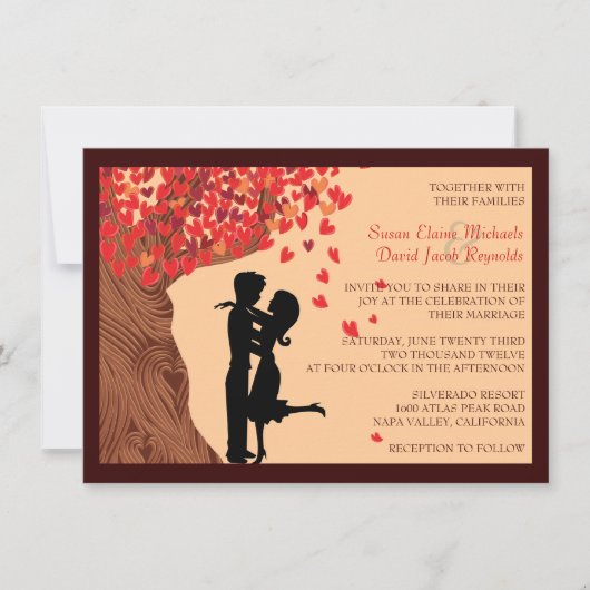 Love Couple Falling Hearts Oak Tree Wedite Invite Kaart (Voorkant)