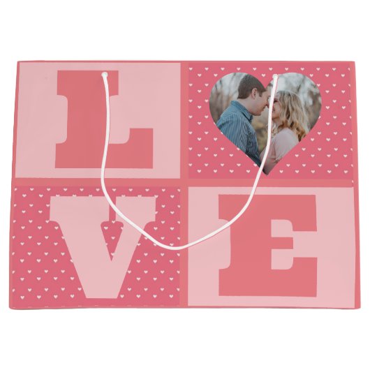 Love Couple Photo Pink Hearts Pattern Valentijns Groot Cadeauzakje (Voorkant)