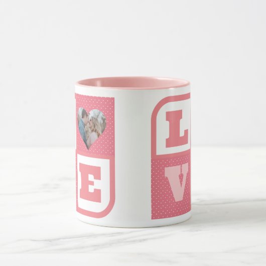 Love Couple Photo Pink Hearts Pattern Valentijns Mok (Midden)