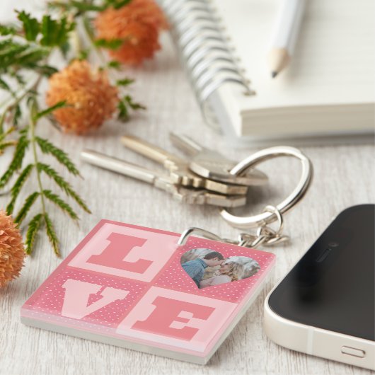 Love Couple Photo Pink Hearts Pattern Valentijns Sleutelhanger (Voorkant Rechts)