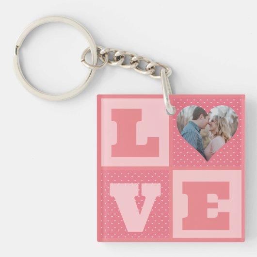 Love Couple Photo Pink Hearts Pattern Valentijns Sleutelhanger (Voorkant)