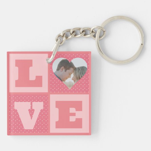 Love Couple Photo Pink Hearts Pattern Valentijns Sleutelhanger (Achterkant)