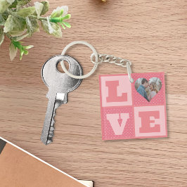 Love Couple Photo Pink Hearts Pattern Valentijns Sleutelhanger