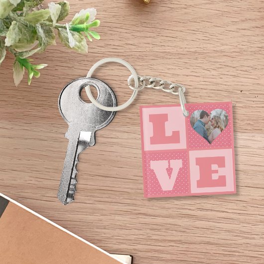 Love Couple Photo Pink Hearts Pattern Valentijns Sleutelhanger
