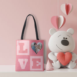 Love Couple Photo Pink Hearts Pattern Valentijns Tote Bag