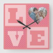 Love Couple Photo Pink Hearts Pattern Valentijns Vierkante Klok (Voorkant)