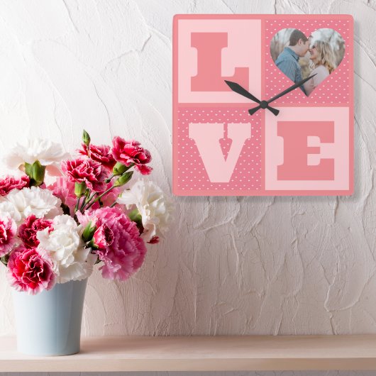 Love Couple Photo Pink Hearts Pattern Valentijns Vierkante Klok