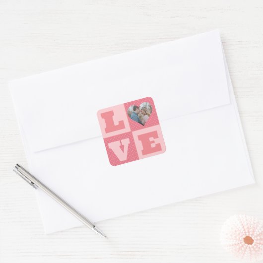 Love Couple Photo Pink Hearts Pattern Valentijns Vierkante Sticker (Envelop)