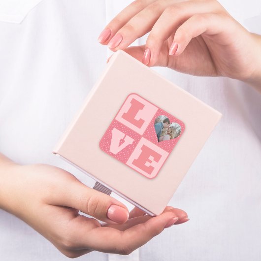 Love Couple Photo Pink Hearts Pattern Valentijns Vierkante Sticker