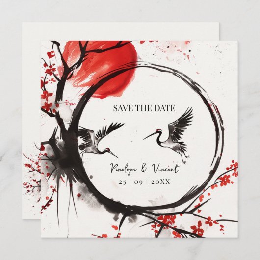 Love Cranes and Cherry Blossom Save the Date (Voorkant / Achterkant)