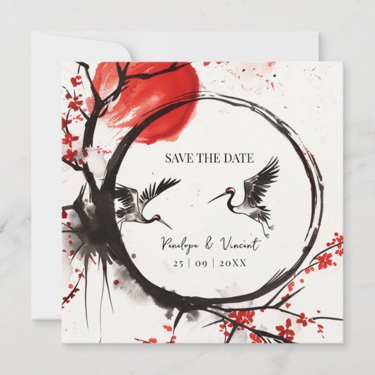 Love Cranes and Cherry Blossom Save the Date (Voorkant)
