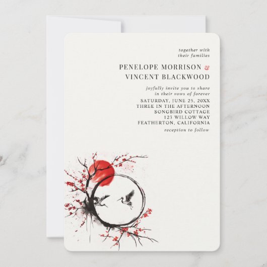 Love Cranes and Cherry Blossom Wedding Invitation Kaart (Voorkant)