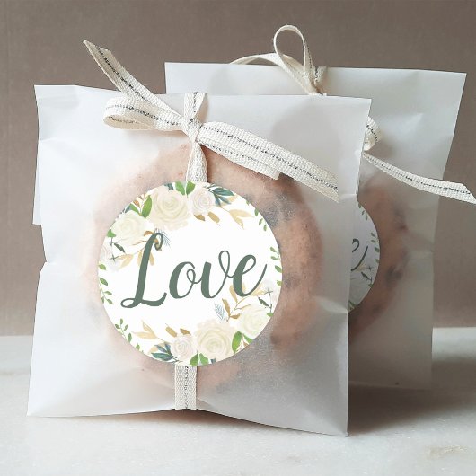 Love Cream Gold Floral Greenery Wedding Ronde Sticker