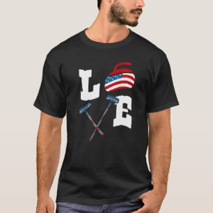 Love Curling Rock Broom American Flag USA Winter I T-shirt