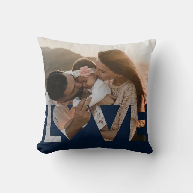 Love Custom Family Foto Donkerblauw Kussen (Voorkant)