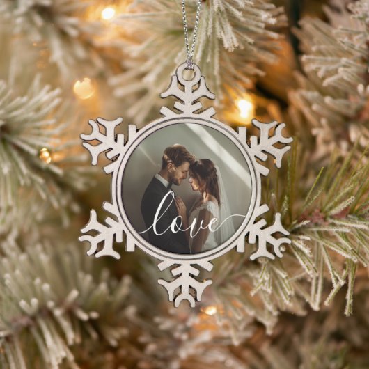 'Love' Custom paar foto Tin Sneeuwvlok Ornament (Boom)