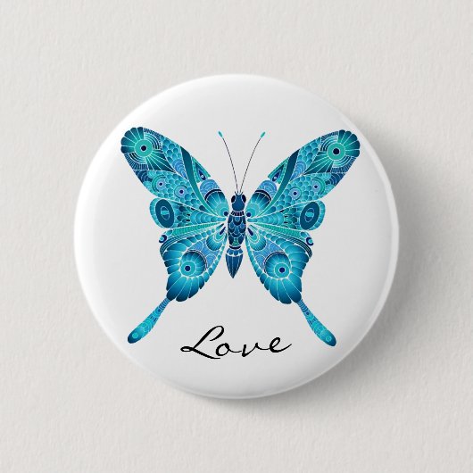 Love Cute Blue Butterfly White Round Button (Voorkant)