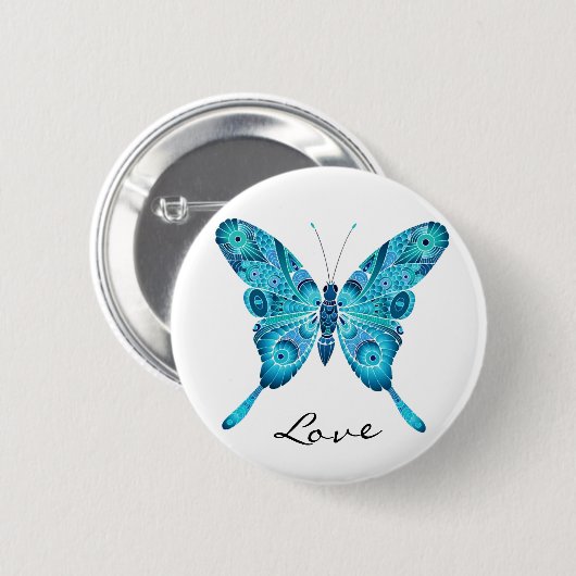 Love Cute Blue Butterfly White Round Button (Voorkant /achterkant)