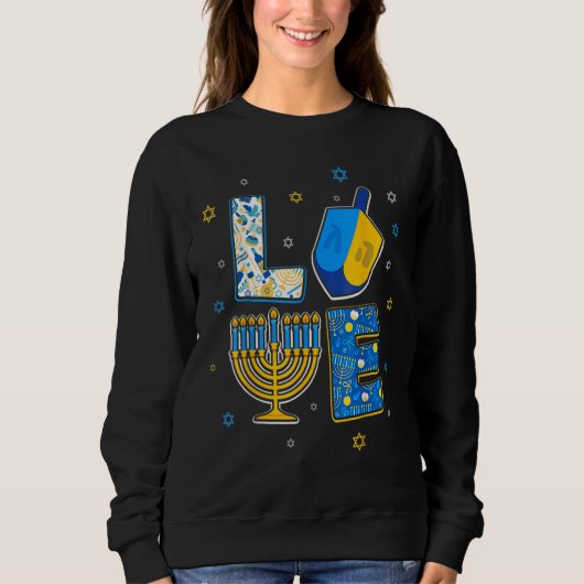 Love Cute Hanukkah Decorations Dreidel Menorah Cha Trui (Voorkant)