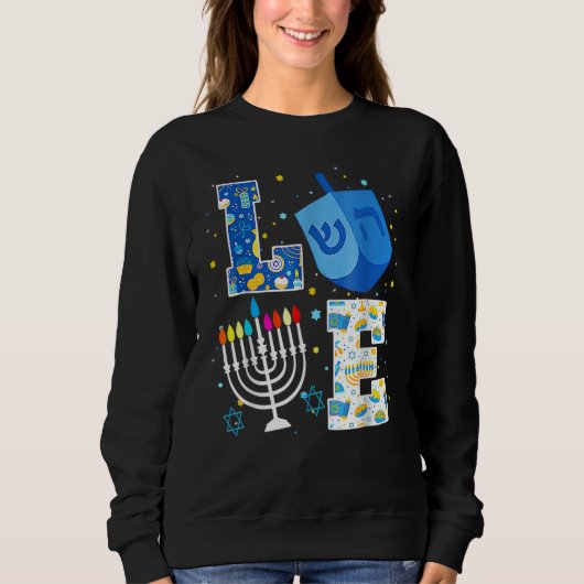 LOVE Cute Hanukkah Decorations Dreidel Menorah Cha Trui (Voorkant)