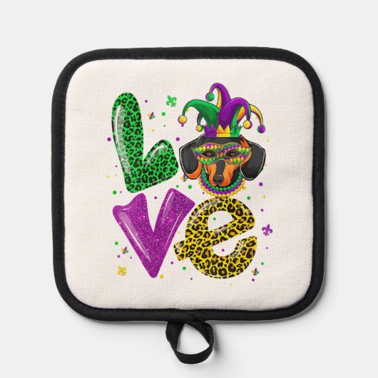 LOVE Dachshund Hond Masker Plaid Leopard Mardi Gra Pannenlap (Voorkant)