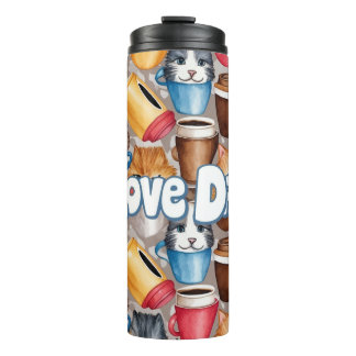 "Love Dad" Playful Cats and Coffee Pattern Thermosbeker