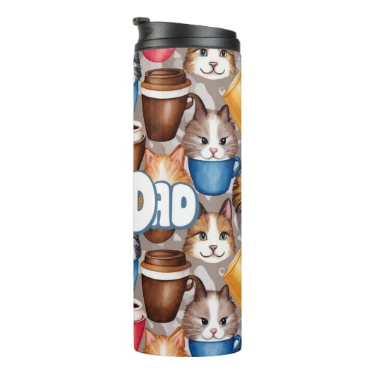 "Love Dad" Playful Cats and Coffee Pattern Thermosbeker (Geroteerd rechts)