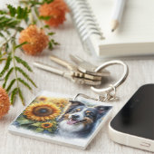 Love Dogs Border Collie Zonnebloem Acryl Sleutelha Sleutelhanger (Voorkant Rechts)