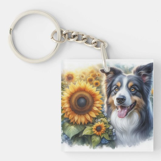 Love Dogs Border Collie Zonnebloem Acryl Sleutelha Sleutelhanger (voorkant)