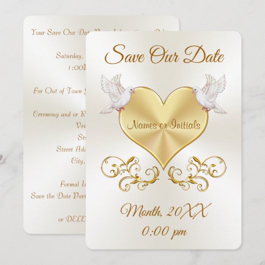 Love Doves and Heart Wedding Save the Date Kaarten (Voorkant / Achterkant)