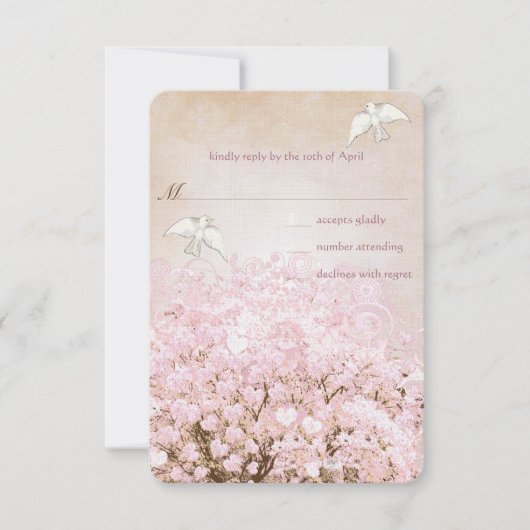 Love Doves Pink and Brown Heart Leaf Tree Wedding RSVP Kaartje (Voorkant)