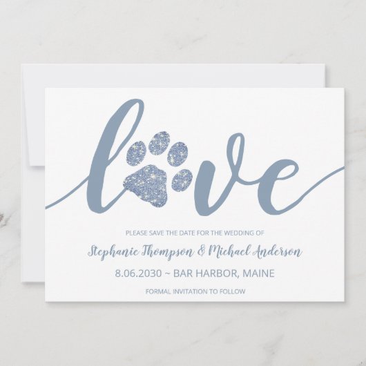 Love Dusty Blue Glitter Paw Print Wedding Save The Date (Voorkant)