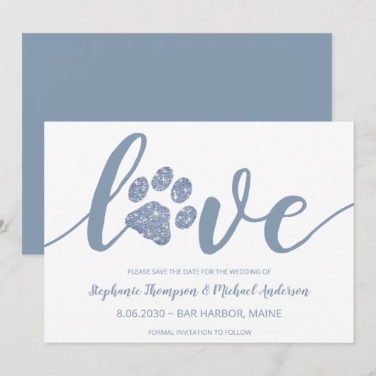 Love Dusty Blue Glitter Paw Print Wedding Save The Date (Voorkant / Achterkant)