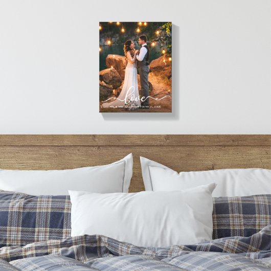 Love Elegant Script Wedding Bride Groom Photo Canvas Afdruk (Insitu (Slaapkamer))