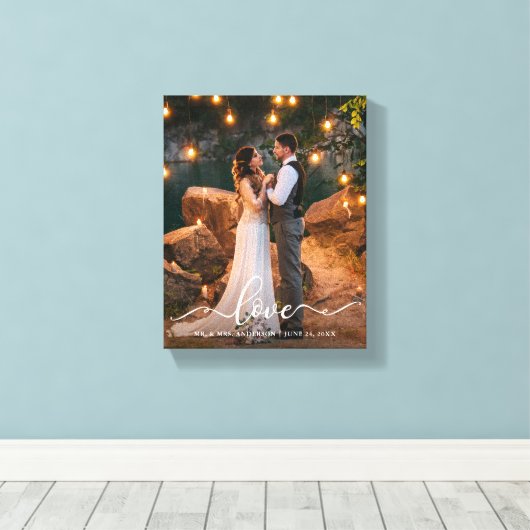 Love Elegant Script Wedding Bride Groom Photo Canvas Afdruk (Insitu (Houten vloer))