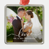Love Elegant Script Wedding Photo Mr en Mrs. Metalen Ornament (Voorkant)