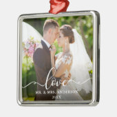 Love Elegant Script Wedding Photo Mr en Mrs. Metalen Ornament (Links)