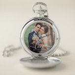 Love Elegant White Script Photo Weddenver Zakhorloge<br><div class="desc">Love Elegant White Script Photo Weddenver Silver Pocket Watch</div>