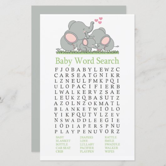 Love Elephants Baby shower Word Search Game (Voorkant / Achterkant)