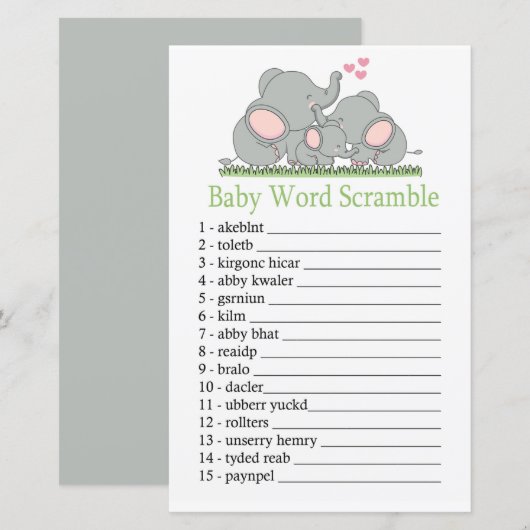 Love Elephants Baby word scramble game (Voorkant / Achterkant)
