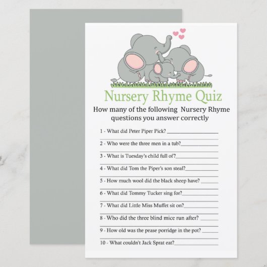 Love Elephants Nursery Rhyme Quiz baby shower game (Voorkant / Achterkant)