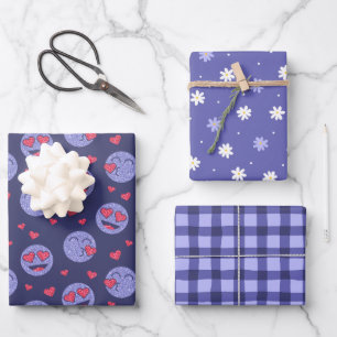 Love Emoji Flower Checking Wrapping Paper Set of 3