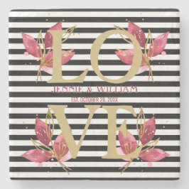 LOVE en Bloemen op Zwarte Strepen Trouwdatum Stenen Onderzetter