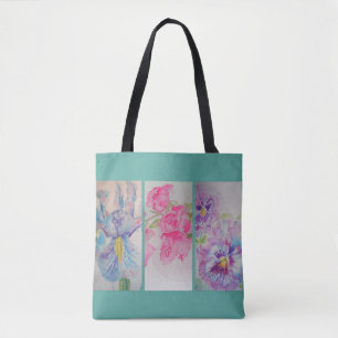 Love Flowers Floral Waterverf Turquoise Canvas tas