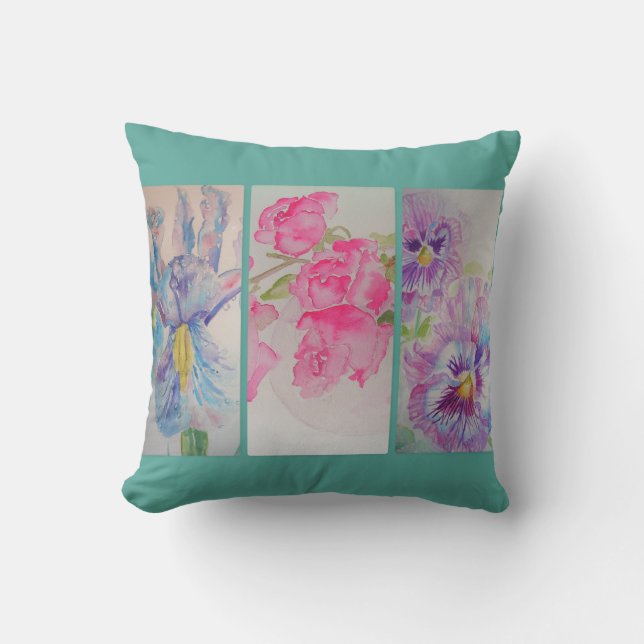 Love Flowers Floral Waterverf Turquoise Cushion Kussen (Voorkant)