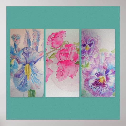 Love Flowers Floral Waterverf Turquoise Poster (Voorkant)