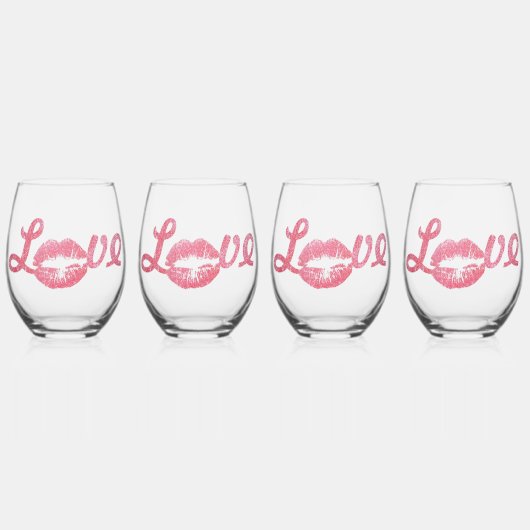 Love Glitter Pink Lipstick Kiss Wijnglas Zonder Voet (Voorkant)