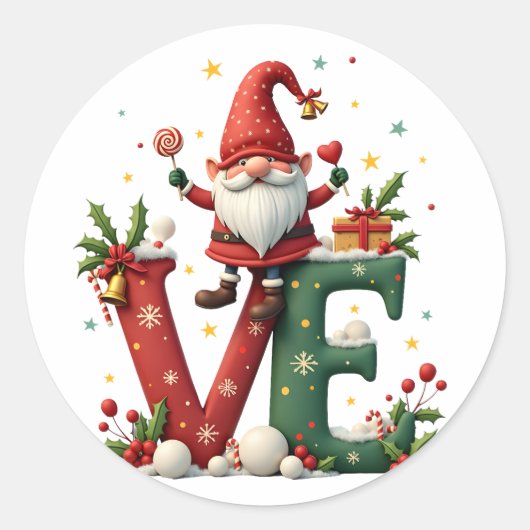 LOVE Gnome Christmas Ronde Sticker (Voorkant)
